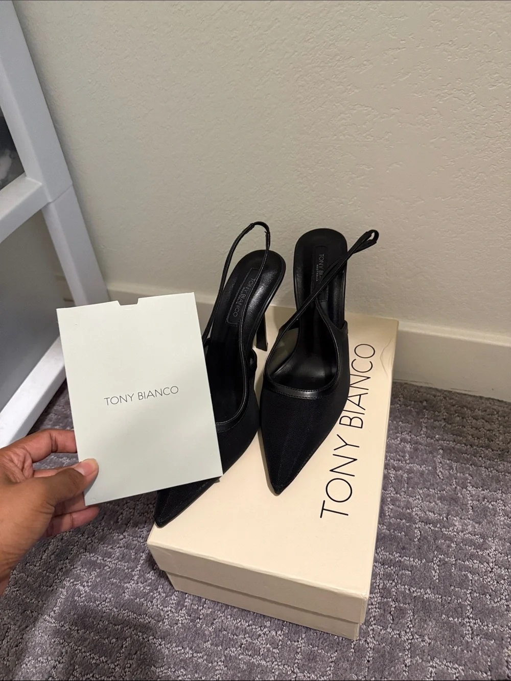 Tony Bianco Black Pointed Slingback Pumps with Thin Strap